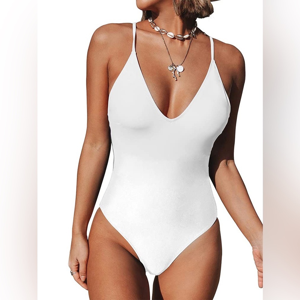 One Piece Swimsuit Sexy V Neck Cross Back Bathing Suit High Cut Backless White S
